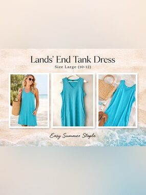 Lands’ End Turquoise Tank Dress L 10-12 Cover Up Pockets V Neck VGUC